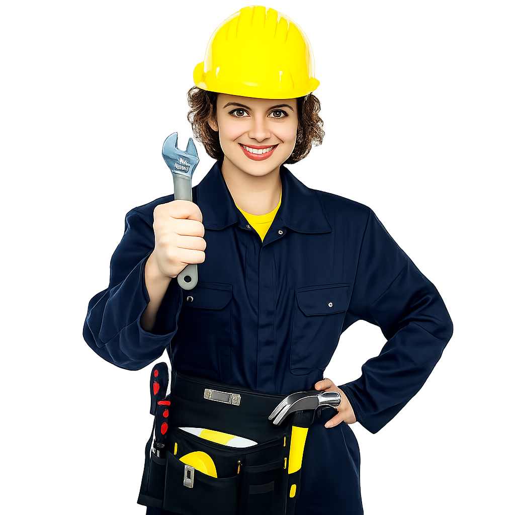 Smiling female construction worker in white hard hat and orange high-visibility vest